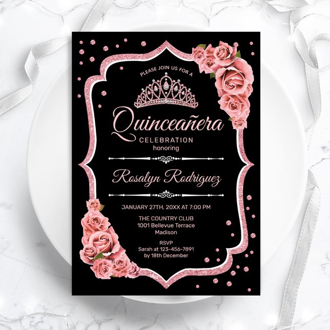 Convites Quinceanera - Rosa preto Dourado (Criador carregado)