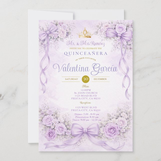 Convites Quinceañera Rosa Princesa Floral Roxa (Frente)