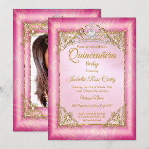 Convites Quinceanera Rosa Profundo Damasco foto Tiara Doura