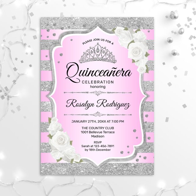 Convites Quinceanera Rosa Púrpura Silver (Criador carregado)