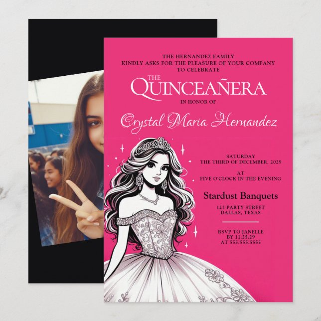 Convites Quinceañera rosa-quente e branca (Frente/Verso)