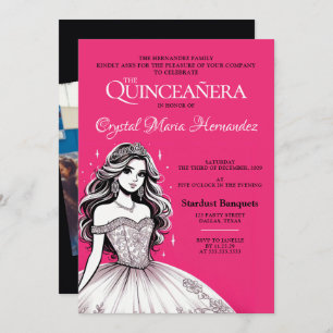 Convites Quinceañera rosa-quente e branca