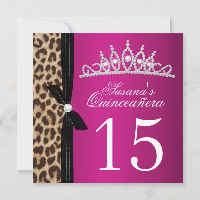 Convites Quinceanera rosa-quente-leopardo (Frente)