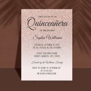 Convites Quinceanera Rosa Rosa Dourada Glitter 15 de Aniver