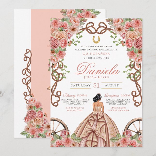 Convites Quinceanera Rosa Russa Charro Ocidental rosa Doura (Frente/Verso)
