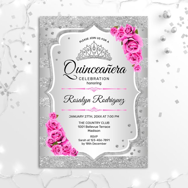 Convites Quinceanera Rosa Silver (Criador carregado)