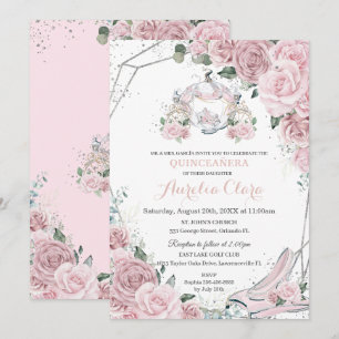 Convites Quinceañera Rosa Suave Floral Princesa Carruagem