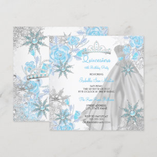 Convites Quinceanera Rosa Turquesa Floresta de Inverno Floc