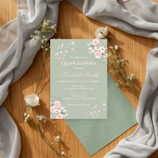 Convites Quinceanera Rosa Verde-Claro