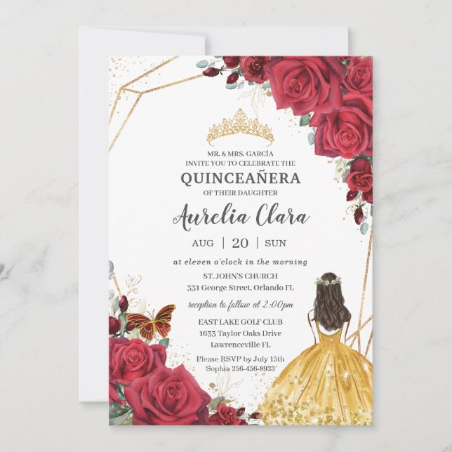 Convites Quinceañera Rosa vermelha Amarelo Floral Princesa (Frente)