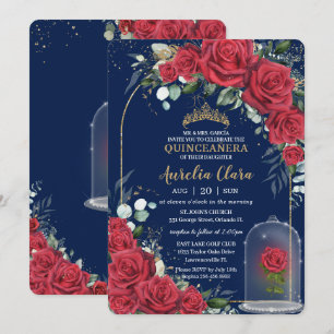 Convites Quinceañera Rosa Vermelha Encantada Floral Azul Ma