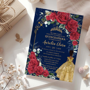 Convites Quinceañera Rosa vermelha Floral Preta Encantada