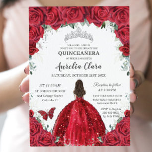 Convites Quinceañera Rosa vermelha Floral Princess Gown Sil