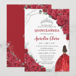 Convites Quinceañera Rosa vermelha Floral Silver Princesa 