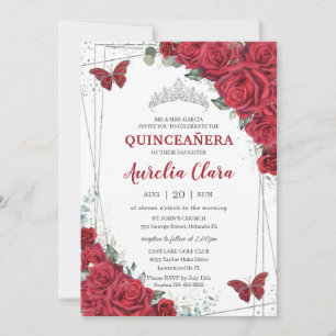 Convites Quinceañera Rosa vermelha Floral Silver Princess C