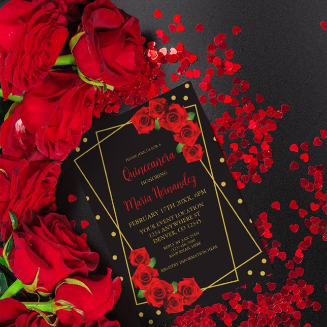 Convites Quinceañera rosa vermelha Preta e Dourada (Criador carregado)