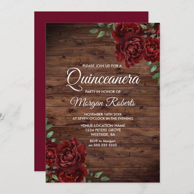 Convites Quinceanera, Rosa vermelha rustica da madeira de b (Frente/Verso)