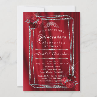 Convites Quinceanera Rosa vermelha & Silver Glitter