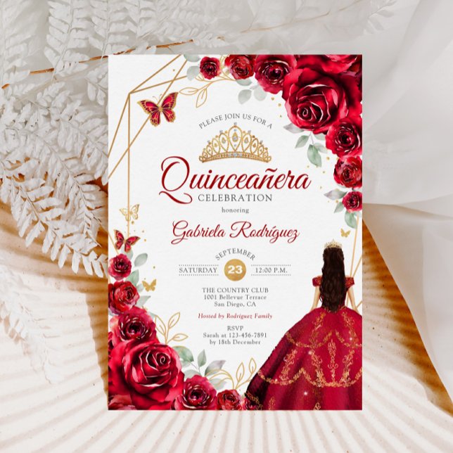 Convites Quinceanera Rosa vermelha Vestido Dourado (Criador carregado)