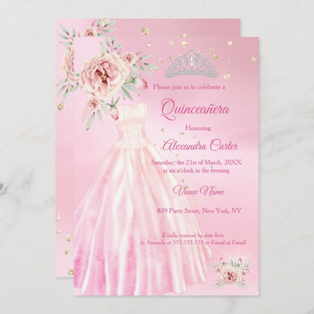 Convites Quinceanera Rosa Vestido Tiara Festa de aniversári (Frente/Verso)