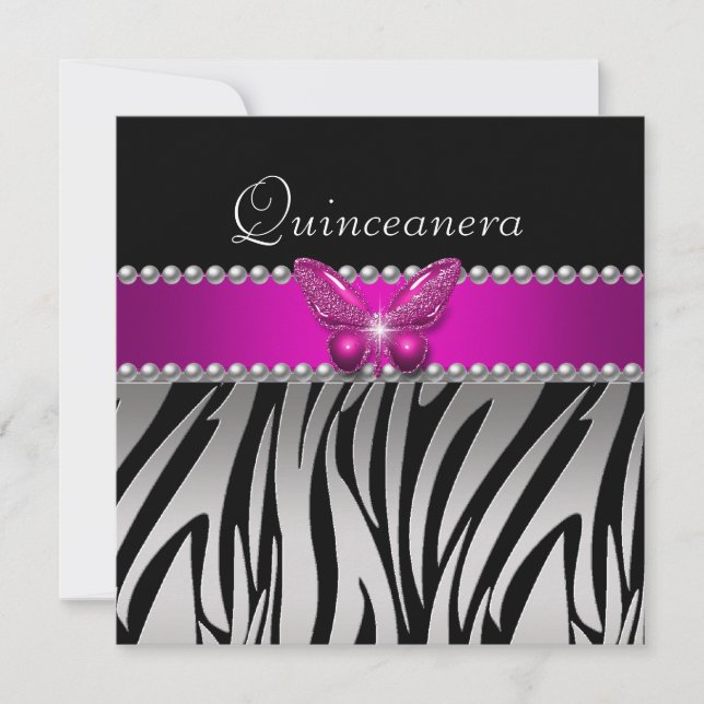 Convites Quinceanera Rosa Zebra Prata Borboleta Preta (Frente)