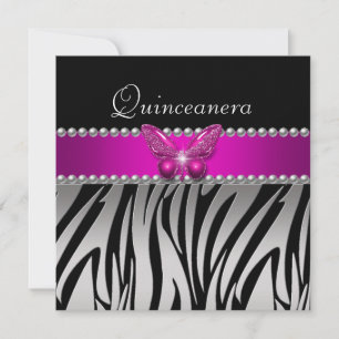 Convites Quinceanera Rosa Zebra Silver Borboleta Negra