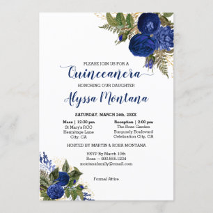 Convites Quinceanera Rosas Azul Royal Missa & Recepção