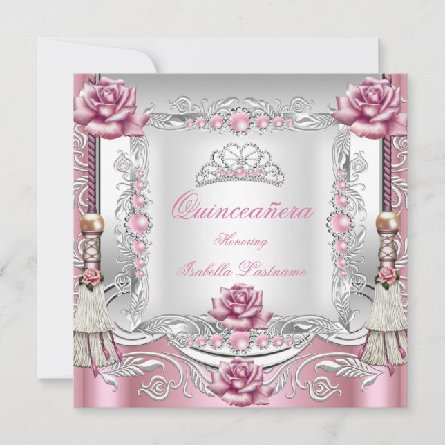 Convites QUINCEANERA Rosas Rosa Borlas Tiara Prateada (Frente)