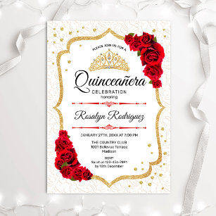 Convites Quinceanera - Rosas vermelhas Douradas brancas