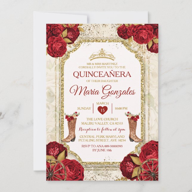Convites Quinceañera Rosas vermelhas e Dourada Coroa Mexica (Frente)
