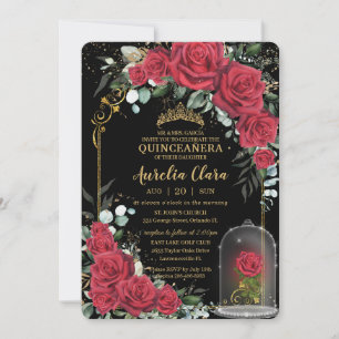 Convites Quinceañera Rosas vermelhas Encantadas Floral Negr