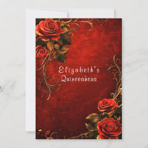 Convites Quinceanera Rosas Vermelhas Filigrama Dourada