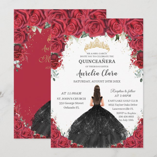 Convites Quinceañera Rosas vermelhas Floral Black Vestido D (Frente/Verso)