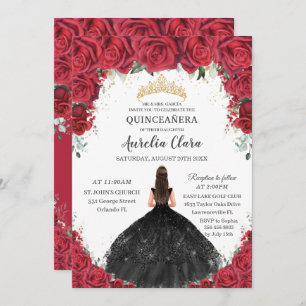 Convites Quinceañera Rosas vermelhas Floral Black Vestido D