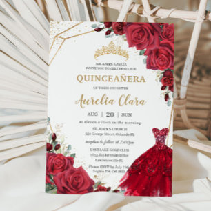 Convites Quinceañera Rosas vermelhas Floral Dourada Princes