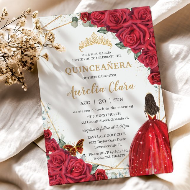 Convites Quinceañera Rosas vermelhas Floral Dourada Princes (Criador carregado)