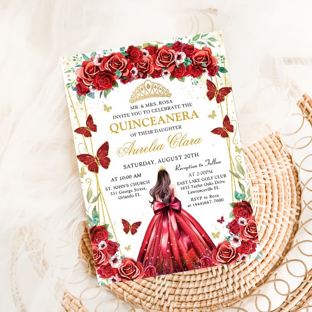 Convites Quinceañera Rosas vermelhas Floral Princesa Borbol (Criador carregado)