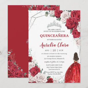 Convites Quinceañera Rosas vermelhas Floral Princesa Prate