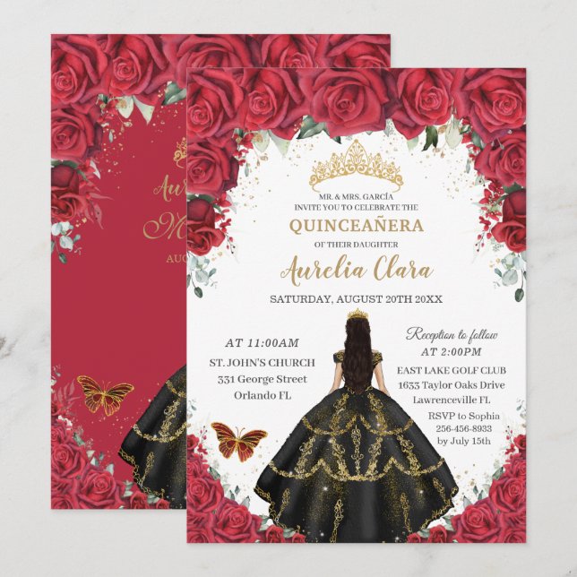 Convites Quinceañera Rosas vermelhas Flores Negras Vestidos (Frente/Verso)