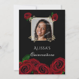 Convites Quinceanera Rosas Vermelhas Moldura Dourada Quince