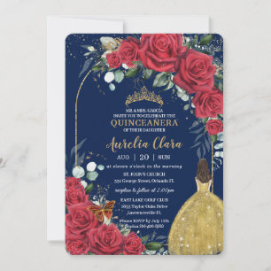Convites Quinceañera Rosas vermelhas Princesa Amarelo Azul
