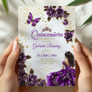 Convites Quinceañera Roxa Tiaras Douradas Rosas Borboletas