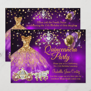 Convites Quinceanera Roxo Balões Vestir Tiara Carruagem