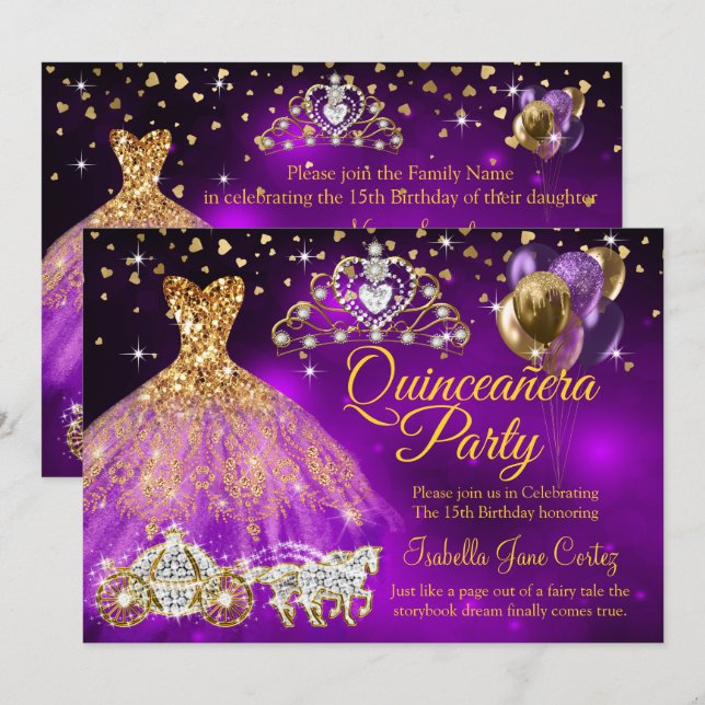 Convites Quinceanera Roxo Balões Vestir Tiara Carruagem (Frente/Verso)