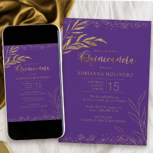 Convites Quinceanera Roxo e Folha Dourada Aniversário Elega