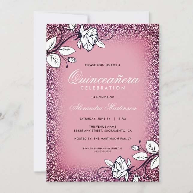 Convites Quinceanera Roxo e Rosas Brancas com Brilho (Frente)