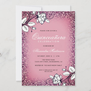 Convites Quinceanera Roxo e Rosas Brancas Luminosas