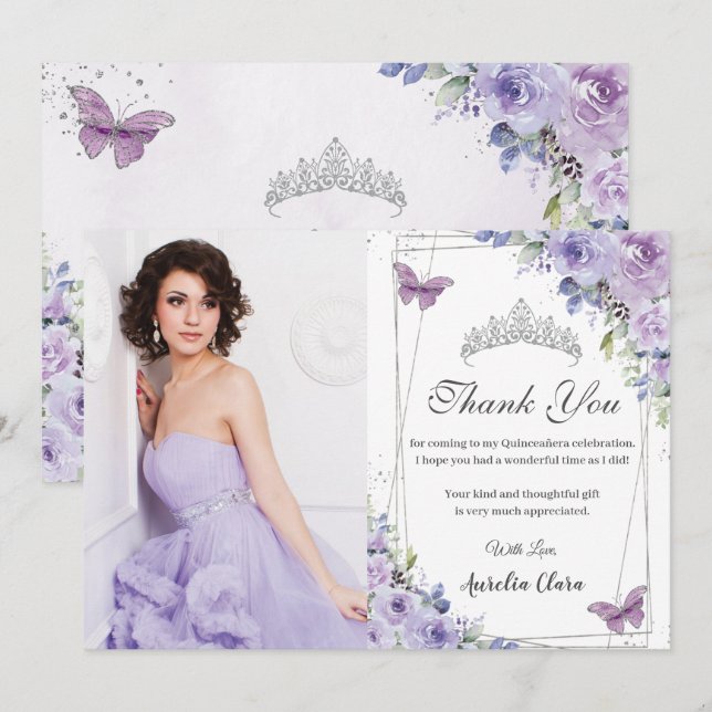 Convites Quinceañera Roxo Flores Borboletas 16 Obrigada (Frente/Verso)