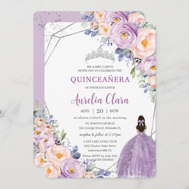 Convites Quinceañera Roxo Lilás Esmagador Vestido Floral (Frente/Verso)