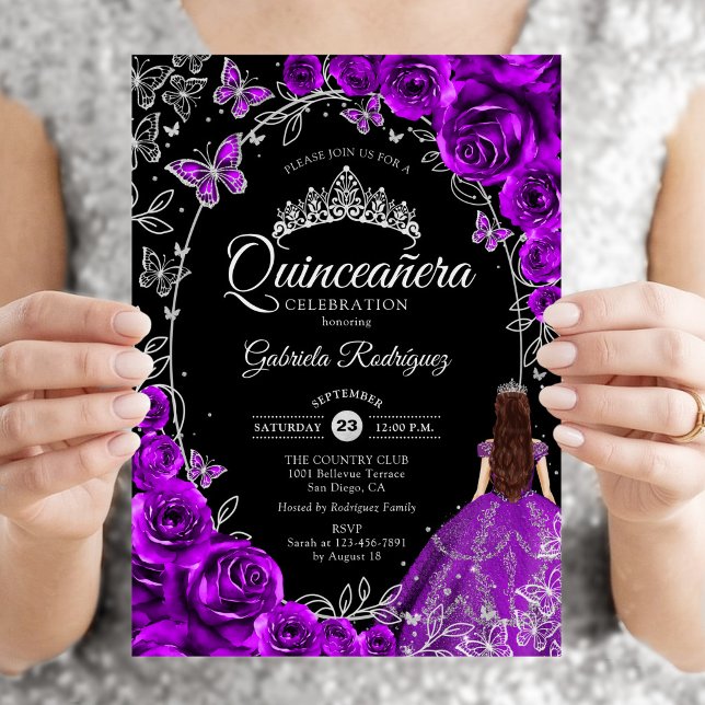 Convites Quinceanera Roxo Prata Floral (Criador carregado)
